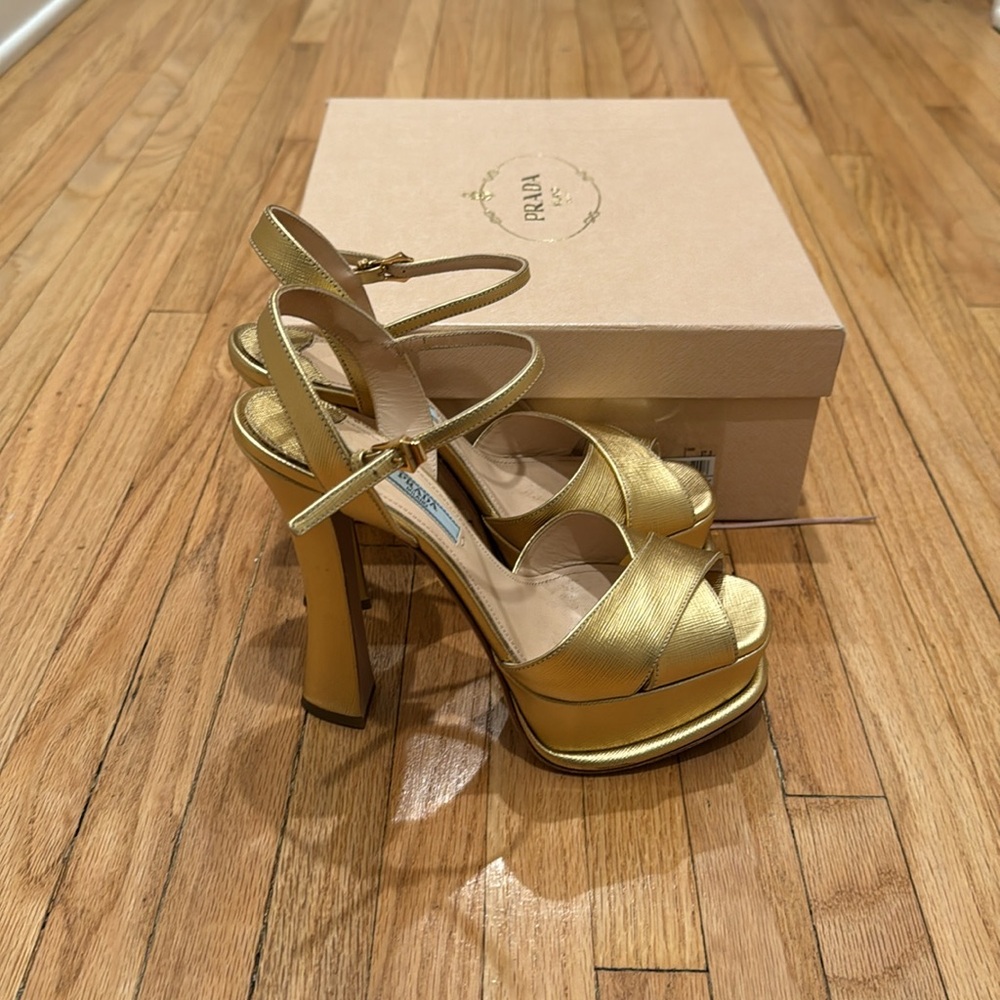 Prada gold Leather Cross Strap Open Toe Platform Ankle Strap Sandals Size 37.5
